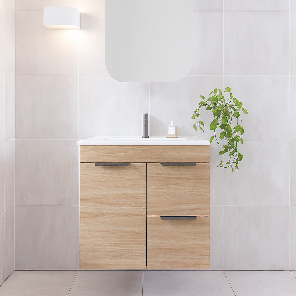 Timberline Bargo wall hung vanity with white ceramic top, woodgrain finish, shown in a bathroom with wall mirror opener