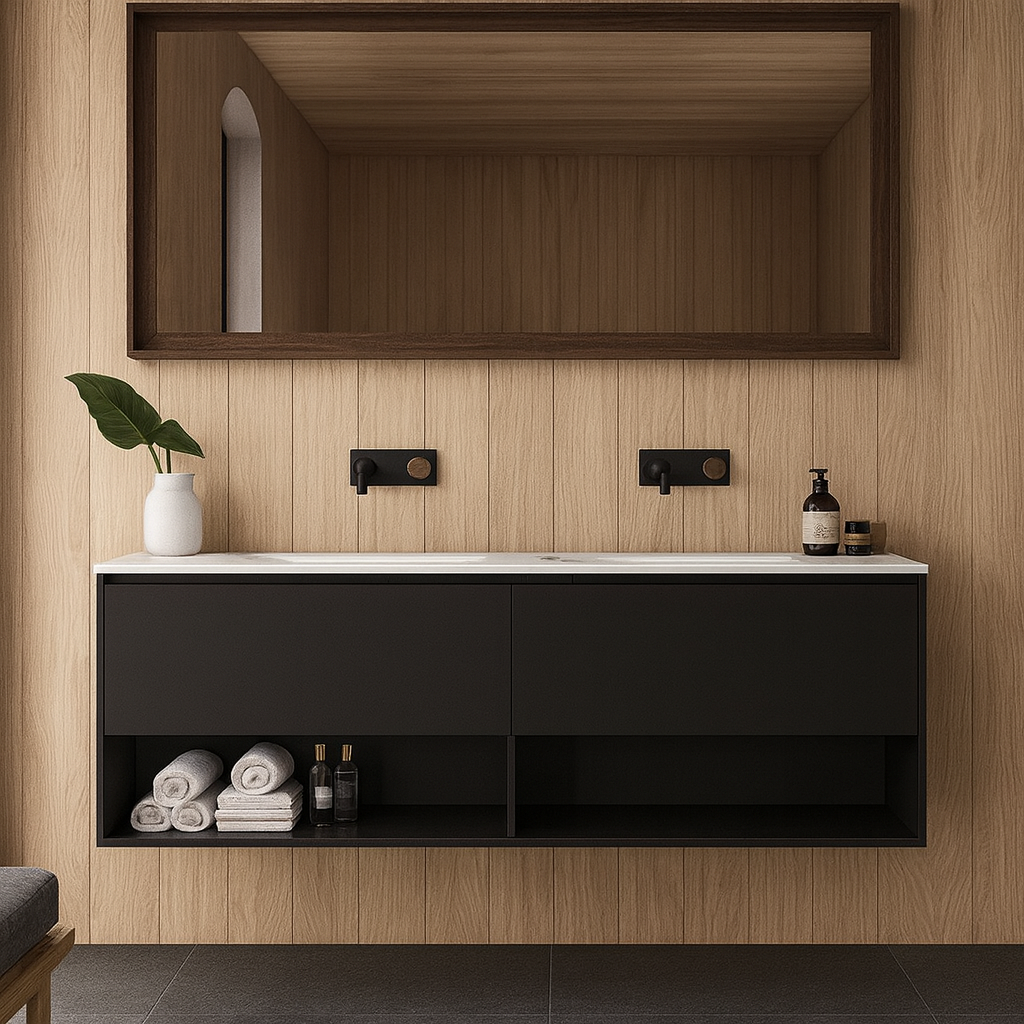 Timberline Kansas wall-hung vanity with Haven top, black satin finish, open shelf and integrated basin in bathroom setting