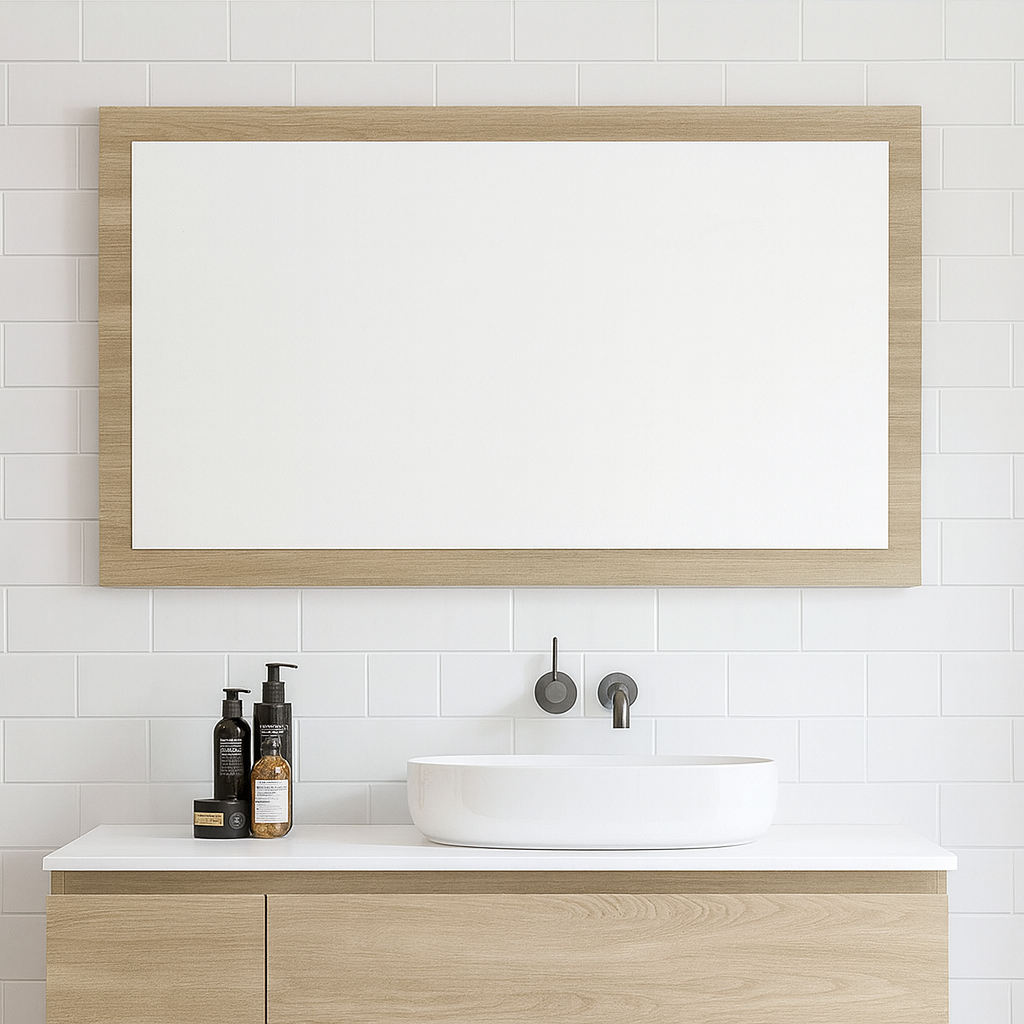 Timberline Miami rectangular mirror with woodgrain frame above a vanity in a white tiled bathroom