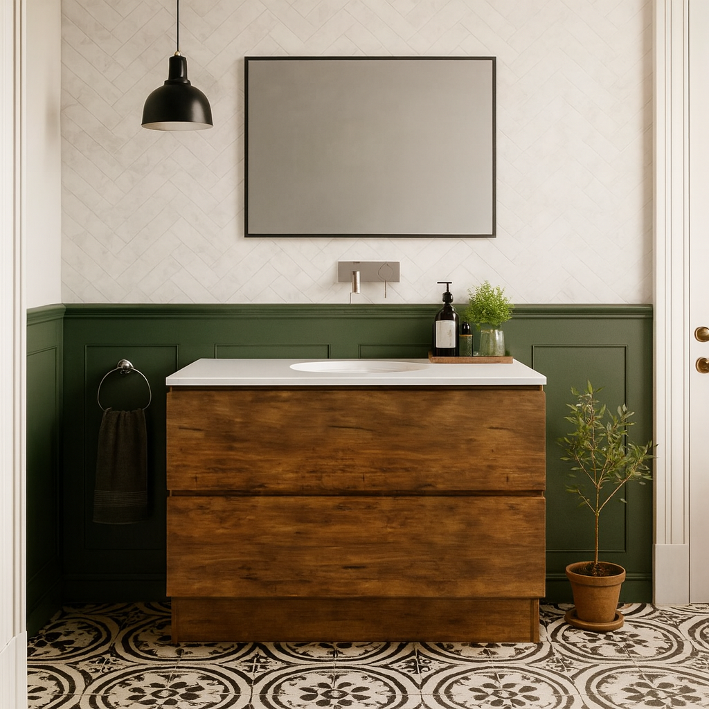 Timberline Nevada Plus floor standing vanity in woodgrain finish with white SilkSurface top and under counter basin