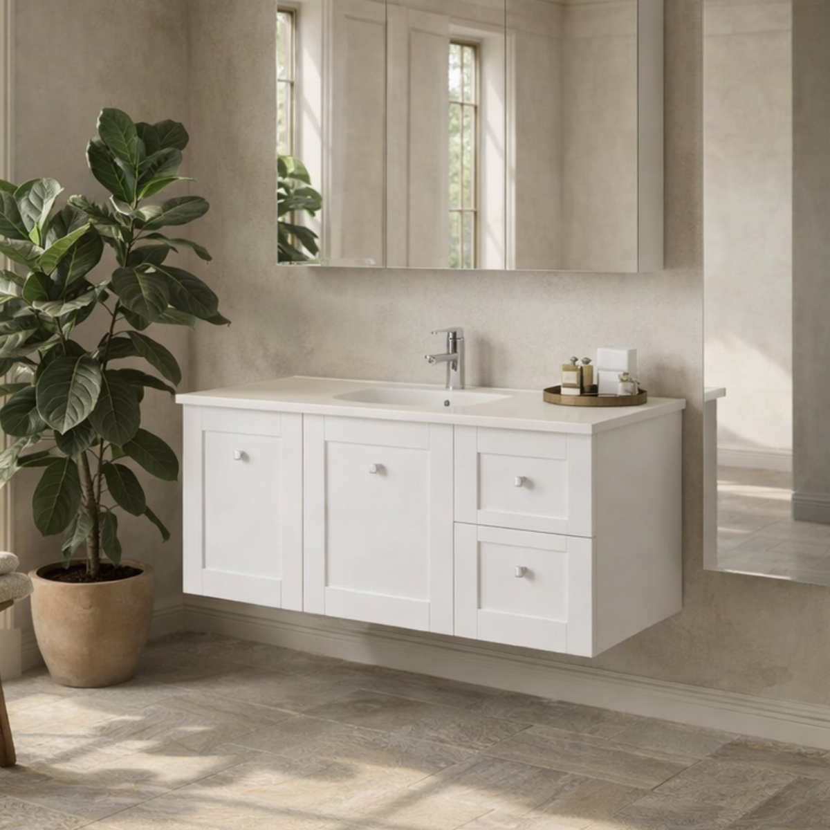 Timberline Victoria wall-hung vanity with white ceramic top and integrated basin, shown in a bathroom setting with three doors and two drawers