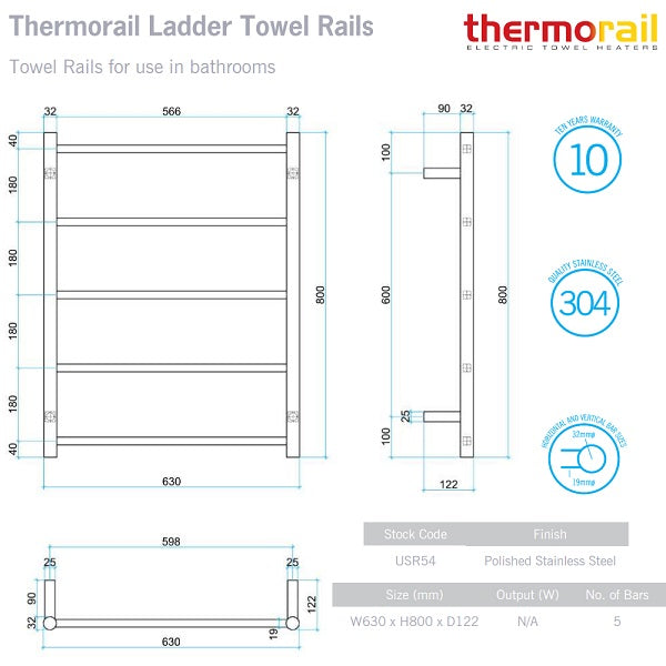 Thermogroup Thermorail non-heated round 5-bar towel rail technical drawing, polished stainless steel, 630 x 800mm