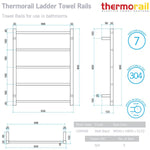 Thermogroup Thermorail 5-bar towel rail technical drawing in matt black, 630 x 800mm, round profile, wall-mounted dimensions shown