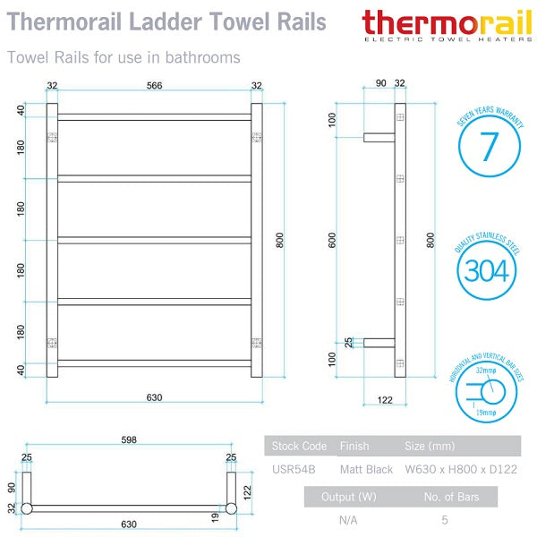 Thermogroup Thermorail 5-bar towel rail technical drawing in matt black, 630 x 800mm, round profile, wall-mounted dimensions shown