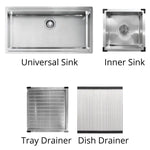 ADP Clovelly stainless steel sink set showing universal sink, inner sink, tray drainer and roll-up dish drainer