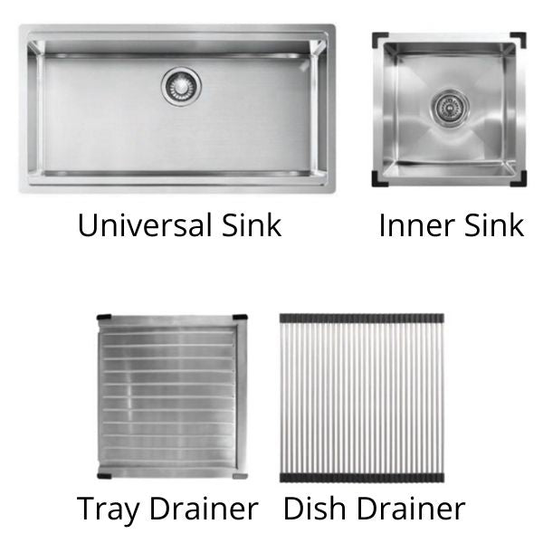 ADP Clovelly stainless steel sink set showing universal sink, inner sink, tray drainer and roll-up dish drainer