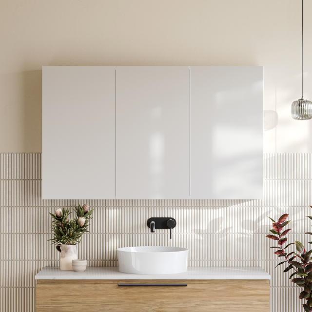Timberline Tennessee white shaving cabinet above a bathroom vanity, shown in a modern wall-mounted setting