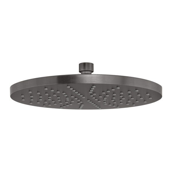 Phoenix Vivid 230mm round shower rose in brushed carbon, shower head only, with single spray pattern and overhead view