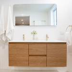 Marquis Base rectangular wall mirror with rounded corners above a timber vanity in a white bathroom.
