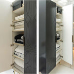 Timberline Sutherland House retro storage cabinet in black, open to show shelves and folded towels