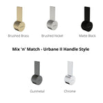 Caroma Mix ’n’ Match Urbane II handle style options shown in brushed brass, brushed nickel, matte black, gunmetal and chrome