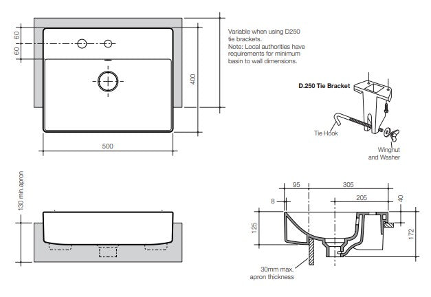 Caroma Urbane II semi recessed basin technical drawing, rectangular white 500mm basin with dimensions and fixing details