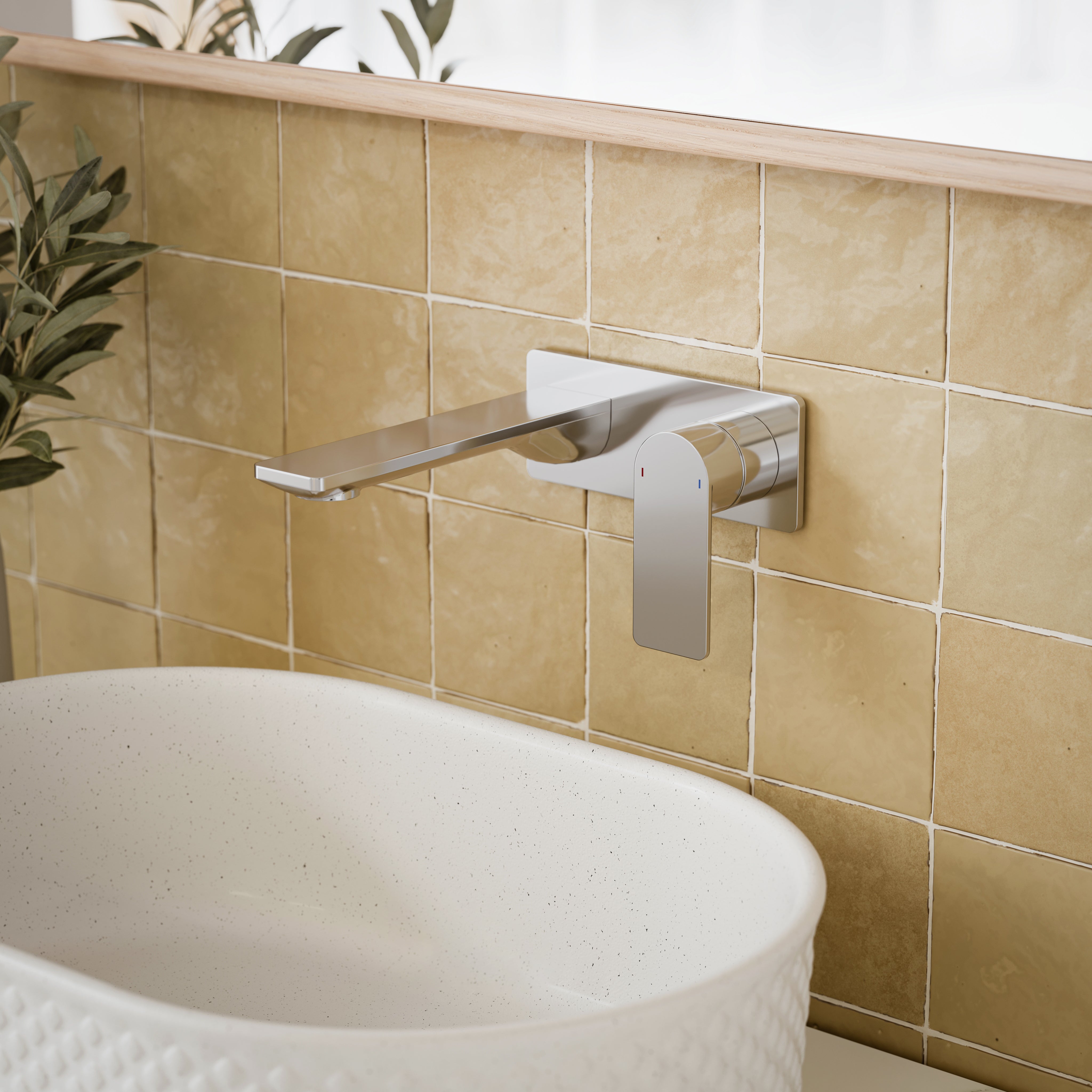 Caroma Urbane II chrome wall basin/bath mixer set with rectangle spout over a bathroom basin, side view
