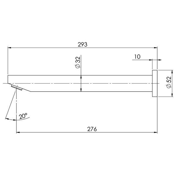 Technical drawing of Phoenix Vivid wall bath outlet, angled 300mm spout with 32mm diameter and 20° bend