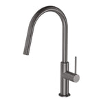 Phoenix Vivid Slimline pull out sink mixer in brushed carbon, with arched spout and side lever on white background