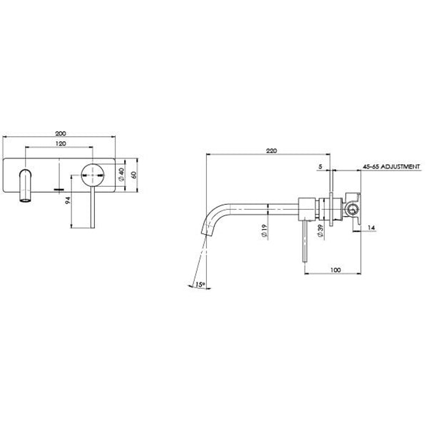 Technical drawing of Phoenix Vivid Slimline wall basin/bath set in brushed nickel, showing front and side dimensions of the curved spout and mixer.