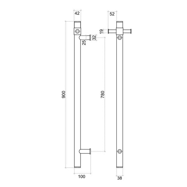 Technical drawing of Thermogroup brushed stainless vertical single bar heated towel rail, 900mm high, 42mm wide, front and side views with measurements