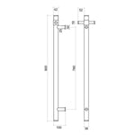 Technical drawing of Thermogroup matte black round vertical single bar heated towel rail, showing dimensions and side view.