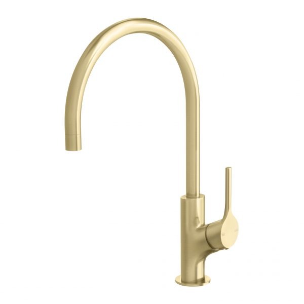 Phoenix Vivid slimline oval sink mixer tap in brushed gold, shown front on with tall gooseneck spout