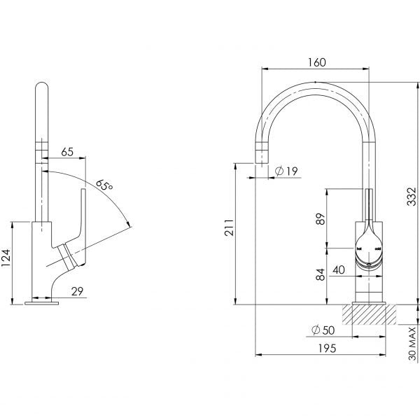 Phoenix Vivid Slimline oval sink mixer technical drawing in brushed gold, showing 160mm gooseneck and side/front dimensions