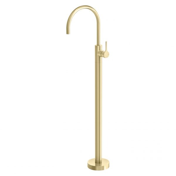 Phoenix Vivid Slimline oval floor-mounted bath mixer in brushed gold, freestanding tap with slim lever on a round base