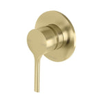 Phoenix Vivid Slimline oval shower wall mixer in brushed gold, wall-mounted tap with round backplate and lever handle
