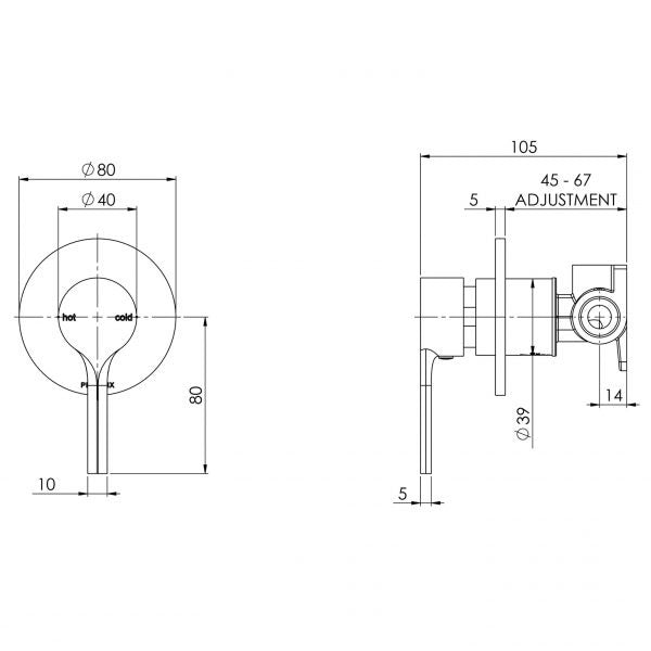 Technical drawing of Phoenix Vivid Slimline oval shower wall mixer, front and side views with dimensions, brushed gold finish