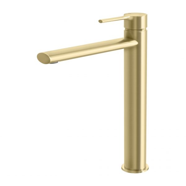 Phoenix Vivid Slimline oval vessel mixer tap in brushed gold, tall hob-mounted basin mixer on white background
