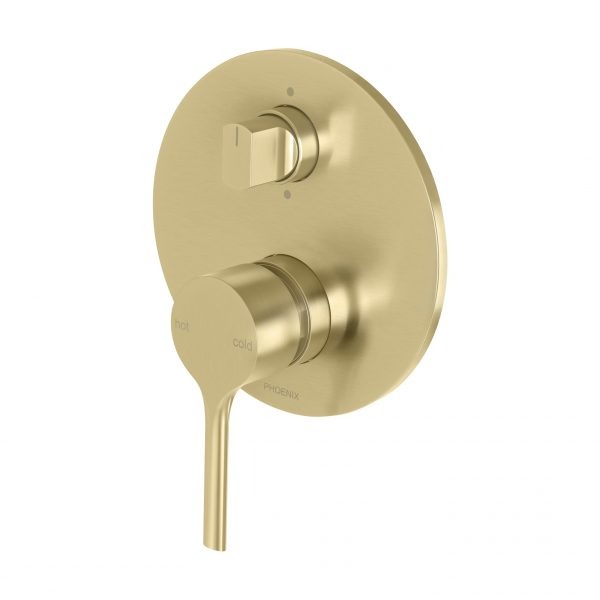 Phoenix Vivid Slimline oval shower bath diverter mixer in brushed gold, wall mounted with push-button switchmix finish