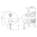 Phoenix Vivid Slimline Oval SwitchMix shower/bath diverter mixer technical drawing, brushed gold wall-mounted tap with dimensions