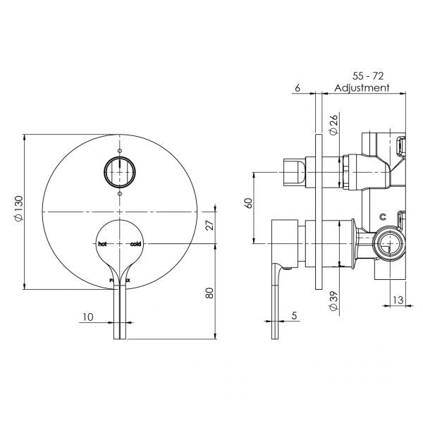 Phoenix Vivid Slimline Oval SwitchMix shower/bath diverter mixer technical drawing, brushed gold wall-mounted tap with dimensions