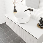 Marquis Valencia wall hung vanity in white with shiplap detailing, white benchtop and round basin in a bathroom setting
