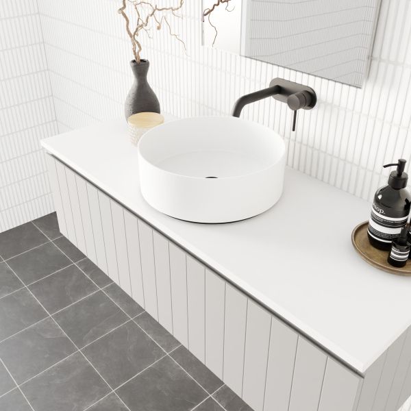 Marquis Valencia wall hung vanity in white with shiplap detailing, white benchtop and round basin in a bathroom setting