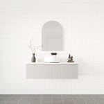 Marquis Valencia wall hung vanity in matte white with shiplap detail, shown in a bathroom setting with basin and mirror.