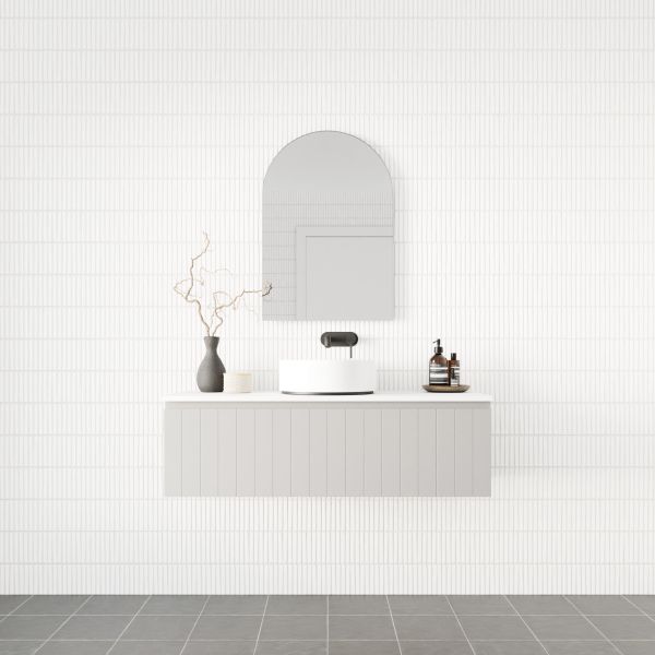 Marquis Valencia wall hung vanity in matte white with shiplap detail, shown in a bathroom setting with basin and mirror.