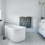 Caroma Liano II freestanding bath filler in brushed nickel beside a white bath in a modern bathroom￼