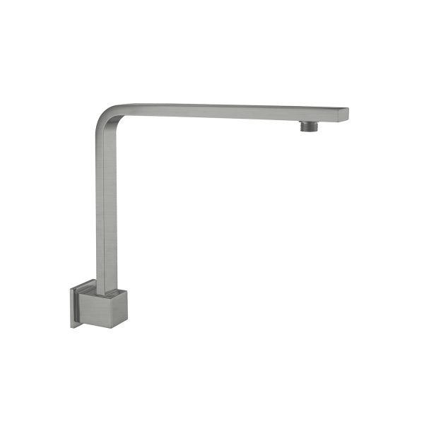 Nero Square swivel shower arm in gun metal, square wall-mounted profile with angled arm, shown on white background