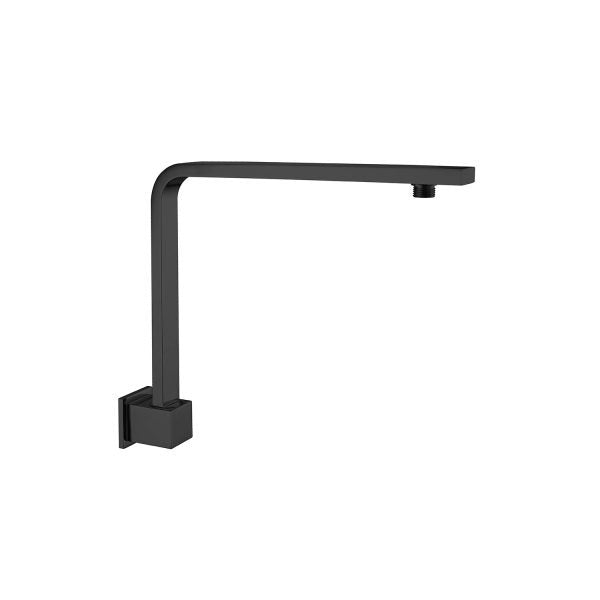 Nero Square swivel shower arm in matte black, wall-mounted with square up-swept profile on white background