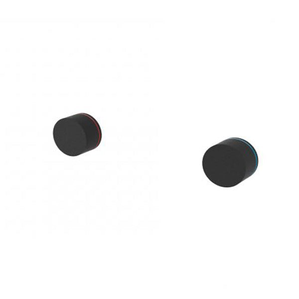 Nero Kara matte black wall top assemblies, two round tap handles on white background