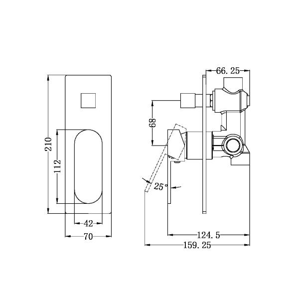 Technical drawing of Nero Ecco shower mixer with divertor, showing front and side dimensions in matte black.