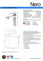 Nero Celia basin mixer specification sheet, showing chrome finish, dimensions and finish options with technical drawings