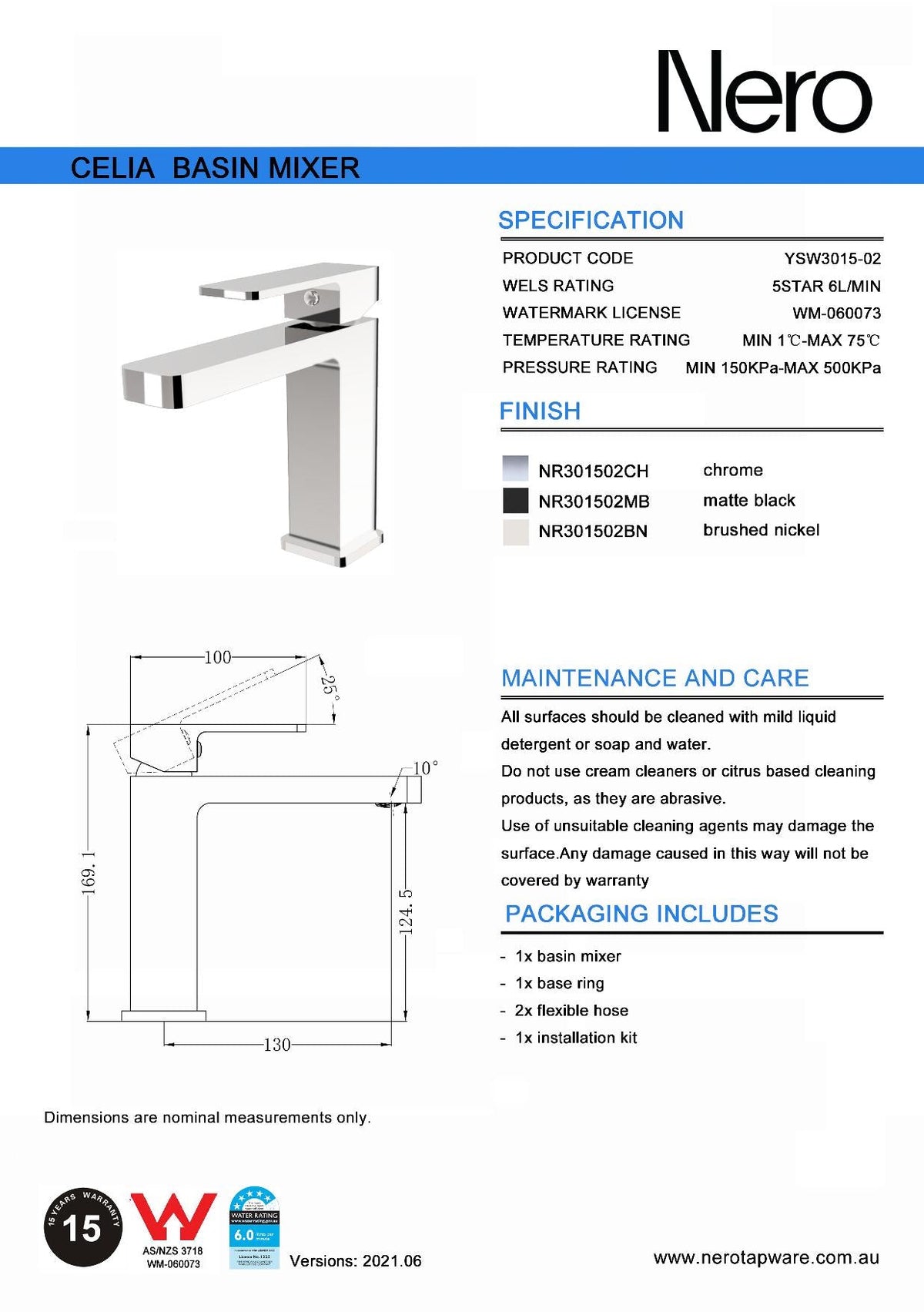 Nero Celia basin mixer specification sheet, showing chrome finish, dimensions and finish options with technical drawings