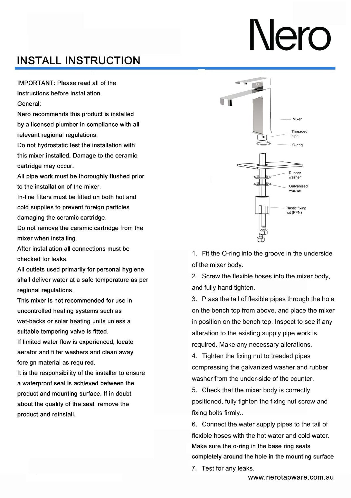 Nero Celia basin mixer installation instructions sheet with exploded tap diagram and fitting steps