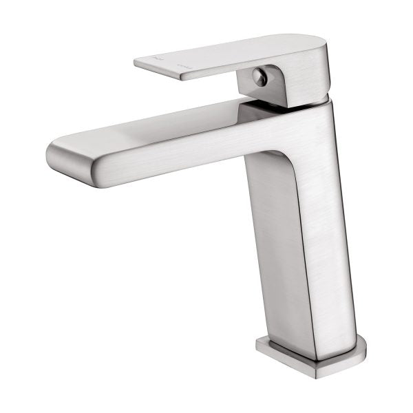 Nero Bianca basin mixer tap in brushed nickel, side view with sleek square lines and flat lever handle