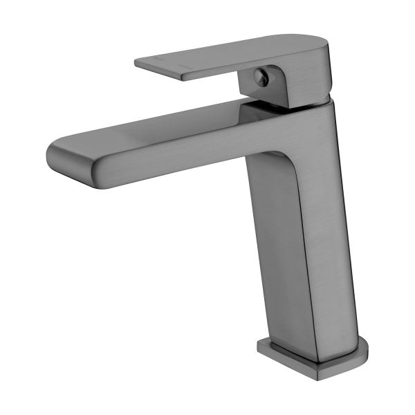 Nero Bianca basin mixer tap in gun metal grey, modern square profile, side view on white background