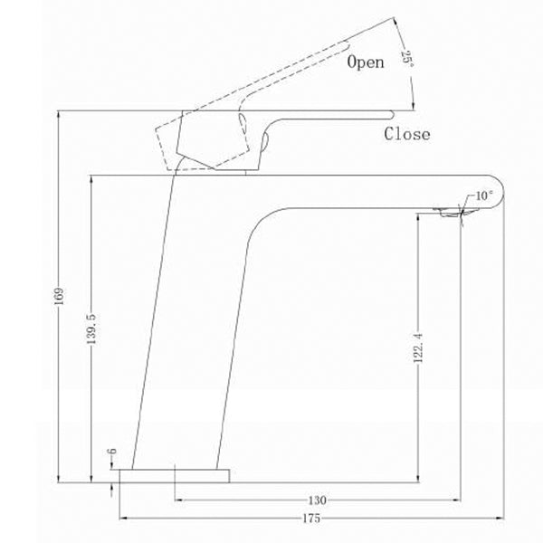 Technical drawing of Nero Bianca basin mixer in brushed nickel, showing side view with dimensions and open/close angles.