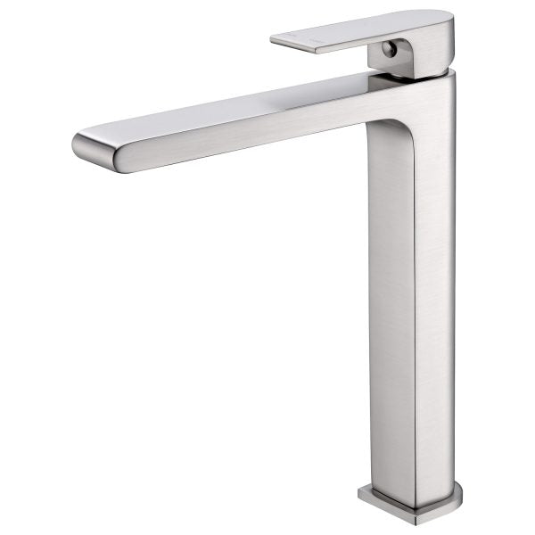 Nero Bianca tall basin mixer in brushed nickel, side view with square base and slim curved spout