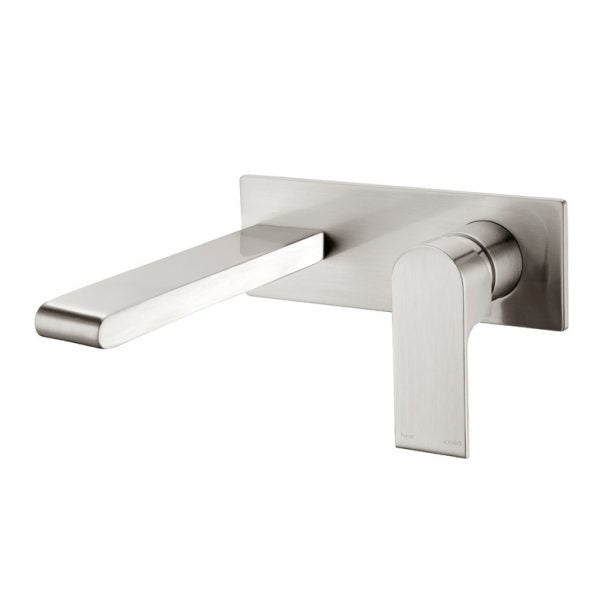 Nero Bianca brushed nickel wall basin/bath mixer with rectangular spout and rounded lever handle