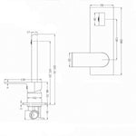 Technical drawing of Nero Bianca wall basin/bath mixer in brushed nickel, showing front and side views with dimensions