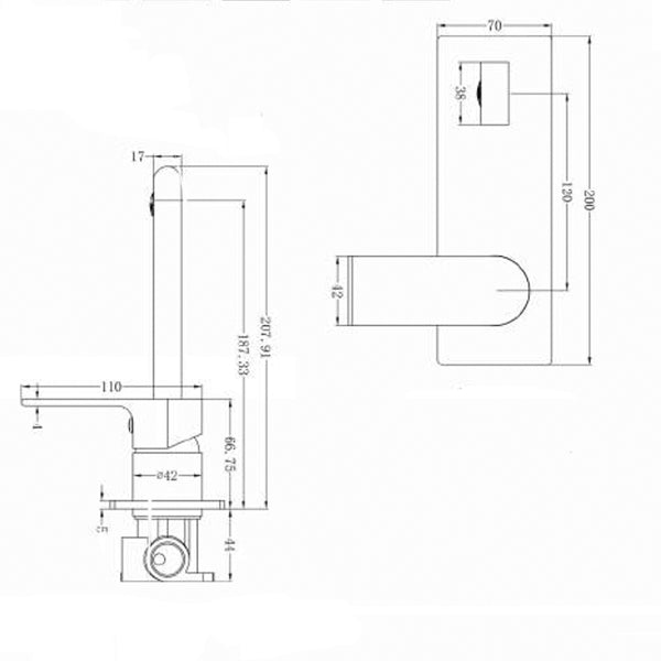 Technical drawing of Nero Bianca wall basin/bath mixer in brushed nickel, showing front and side views with dimensions